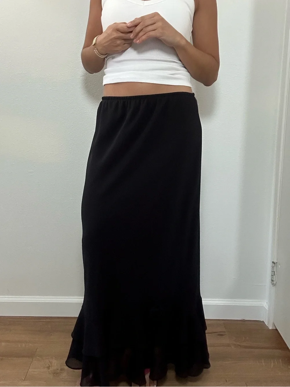 Vintage Dressbarn Y2K Black Ruffle-Hem Maxi Skirt Rosette Chiffon Size L - Picture 8 of 12